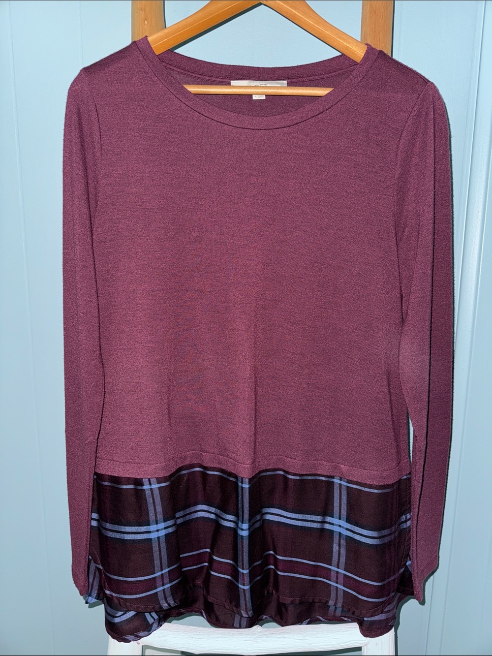 LOFT Plum Long-Sleeve Mixed-Media Sweater  Top with Plaid Hem ~ Medium